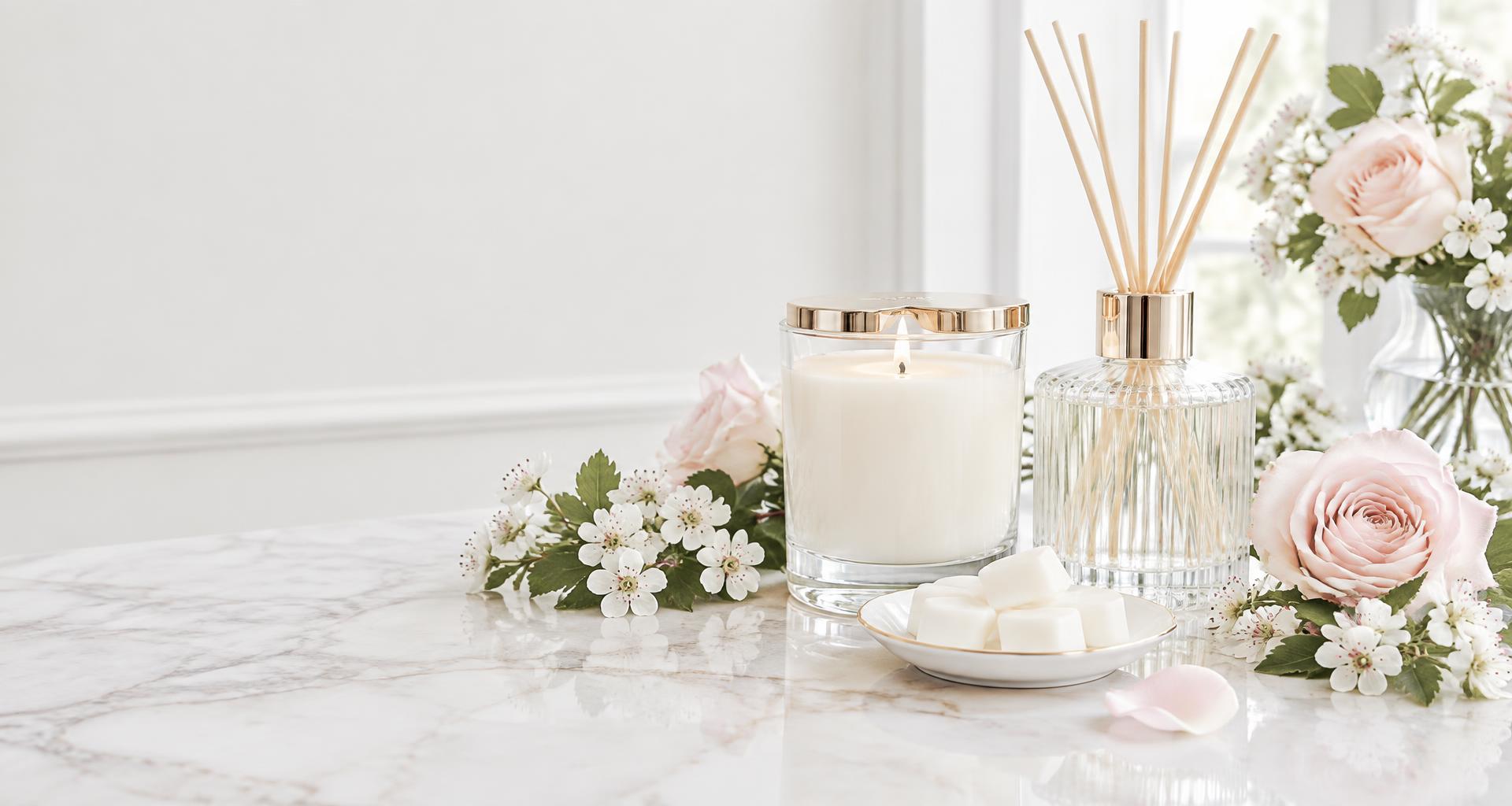 Ivory candle, reed diffuser and wax melts with blush roses and hawthorn blossom